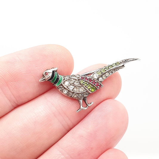 Antique Sterling Silver Pheasant Brooch Paste Enamel Head Art Deco Bird Peacock Partridge Style Hunting Vintage Womens Jewelry