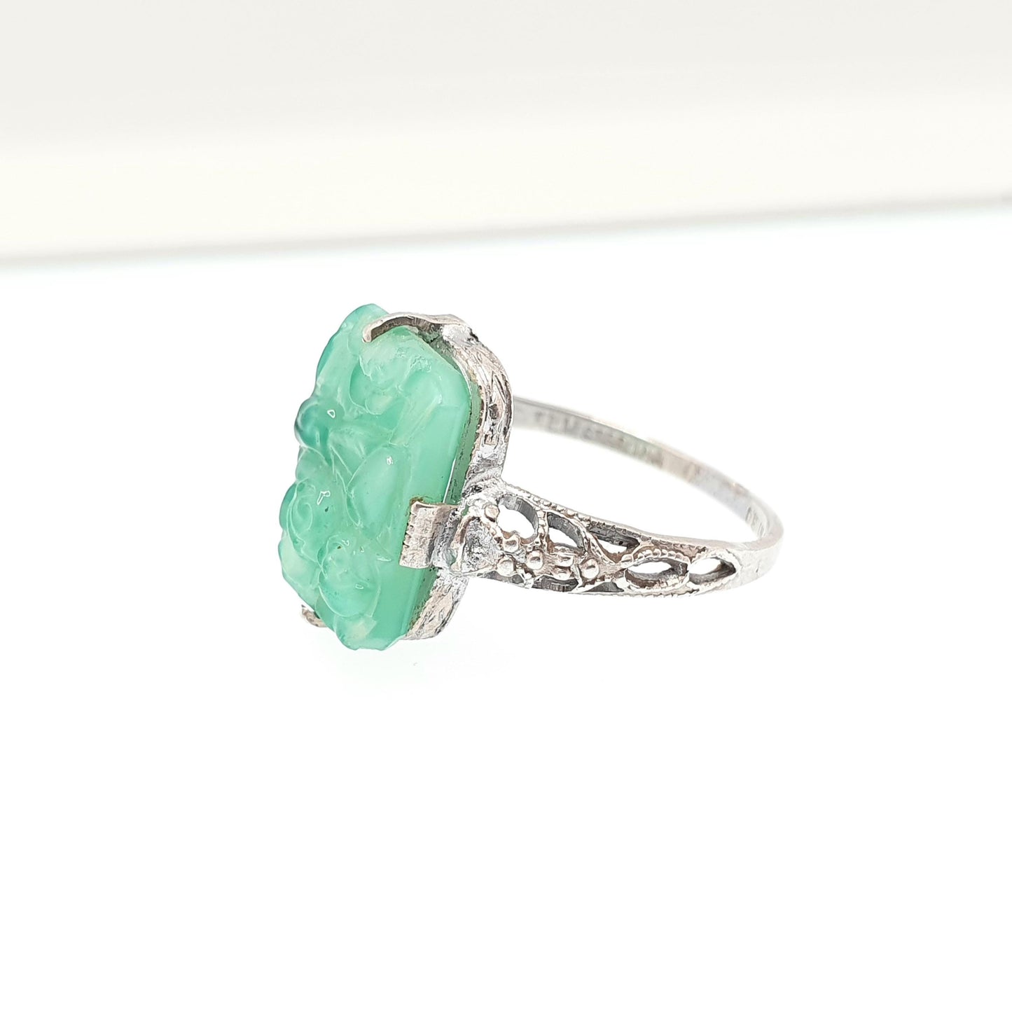 Antique Sterling Silver Peking Glass Jade Ring TLM Thomas L Mott Art Deco Vintage 1920s Womens Green Czech Jewellery Jewelry