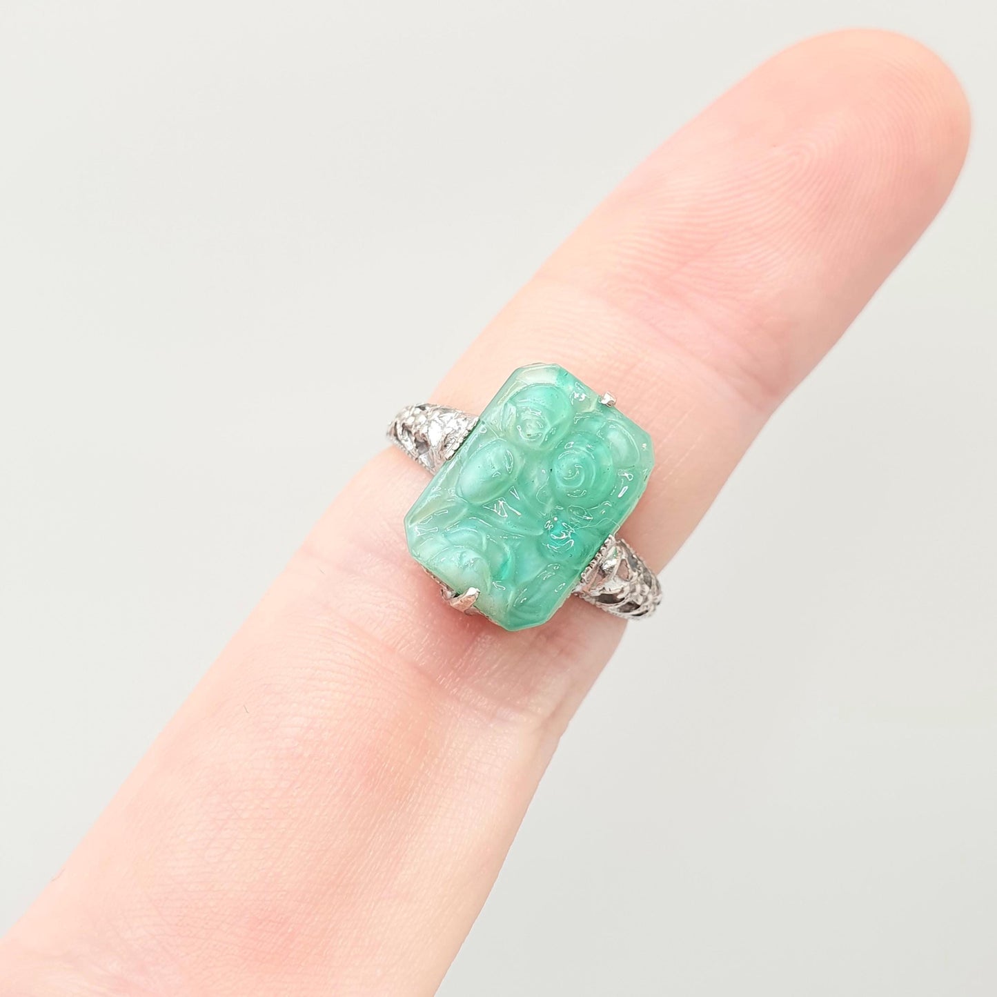 Antique Sterling Silver Peking Glass Jade Ring TLM Thomas L Mott Art Deco Vintage 1920s Womens Green Czech Jewellery Jewelry