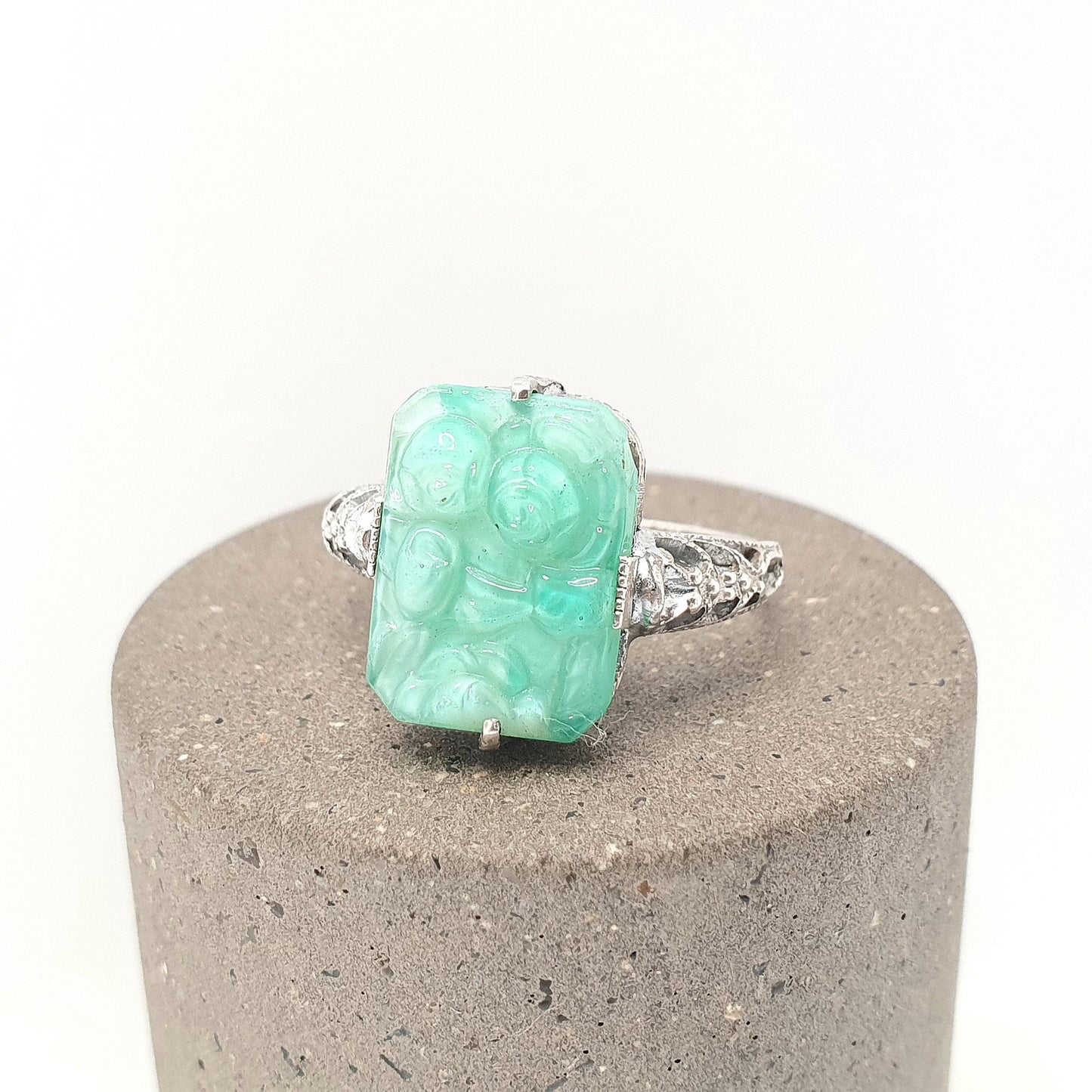 Antique Sterling Silver Peking Glass Jade Ring TLM Thomas L Mott Art Deco Vintage 1920s Womens Green Czech Jewellery Jewelry
