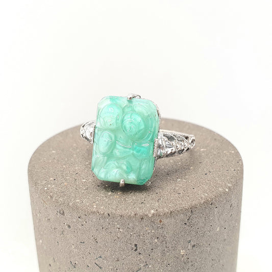 Antique Sterling Silver Peking Glass Jade Ring TLM Thomas L Mott Art Deco Vintage 1920s Womens Green Czech Jewellery Jewelry