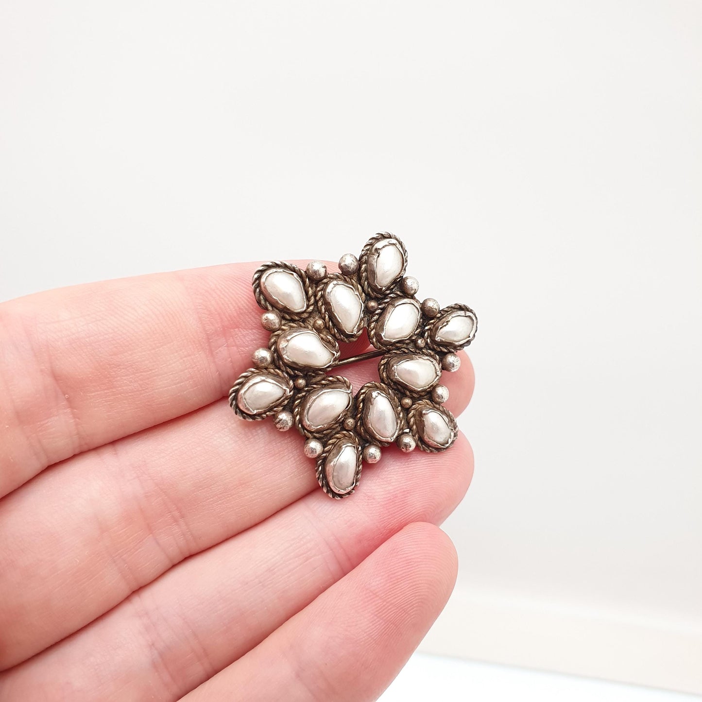 Antique Chinese Freshwater Pearl Solid Silver Brooch Star Shape Cluster Pin Natural Pearls Vintage Jewellery Jewelry
