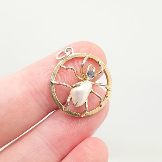 Antique Victorian Rolled Gold Spider Pendant Sapphire Paste Freshwater Pearl Necklace Spiderweb Vintage Jewelry Jewellery