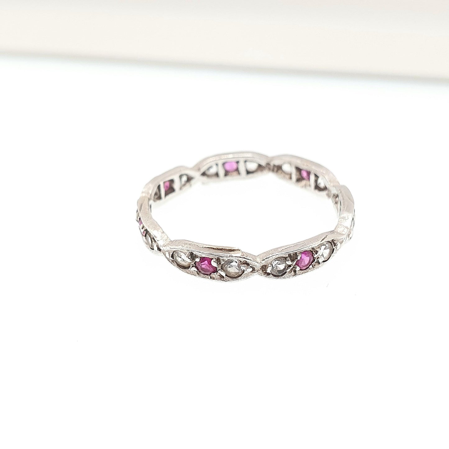 Antique Eternity Ring Solid Silver Ruby & White Spinel 1920s Full Art Deco Red Gemstone Womens Jewellery Jewelry