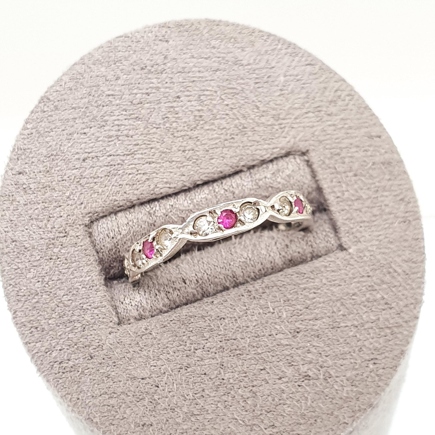 Antique Eternity Ring Solid Silver Ruby & White Spinel 1920s Full Art Deco Red Gemstone Womens Jewellery Jewelry