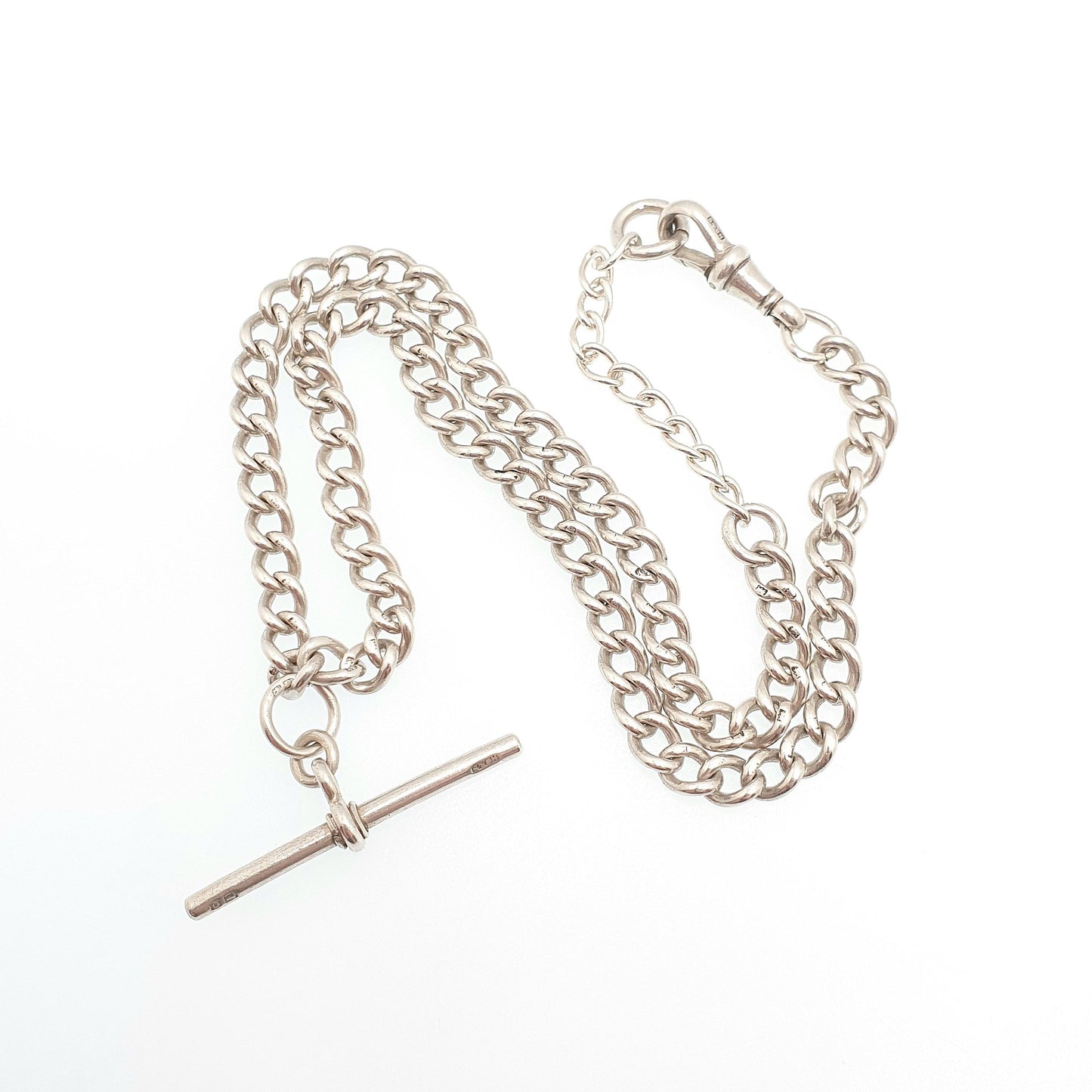 Antique Sterling Silver Albert Chain T Bar Necklace Curb Link Dog Clip 40cm 15.7" 25.68g 1913 Hallmark Vintage Jewelry Womens