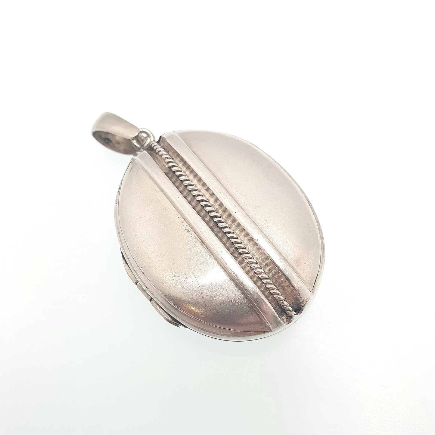Antique Victorian Solid Silver Locket Large Oval Necklace Pendant Rope Finish Picture Photo 1800s Vintage Jewellery Jewelry
