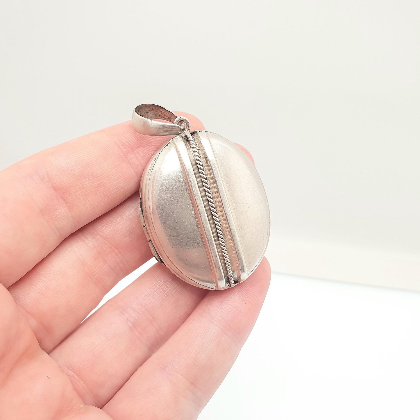 Antique Victorian Solid Silver Locket Large Oval Necklace Pendant Rope Finish Picture Photo 1800s Vintage Jewellery Jewelry