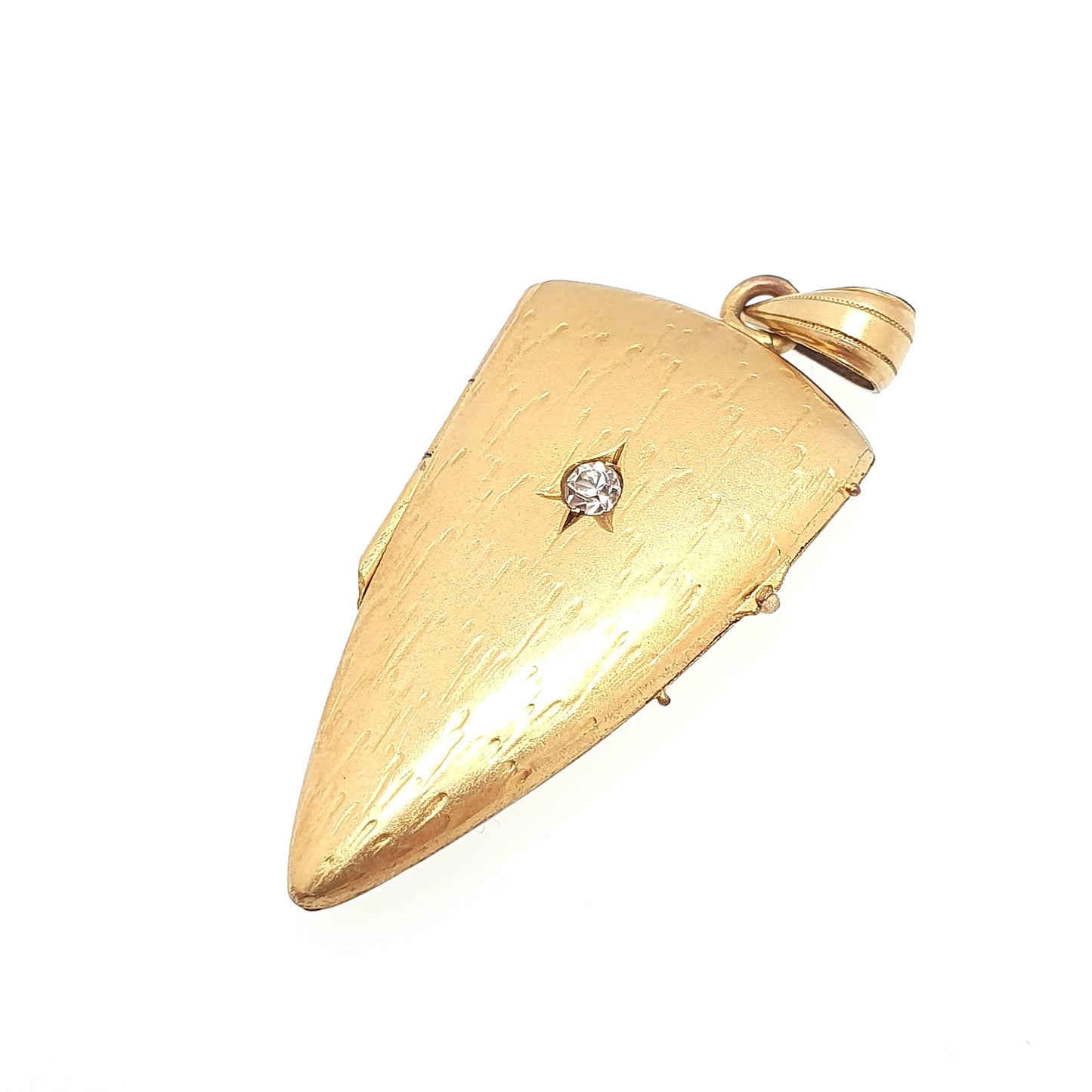 Antique Rolled Gold Kite Shield Locket Diamond Paste Centre Filled Sparkly Rare Pointed Photo Womens Vintage Jewelry Jewellery