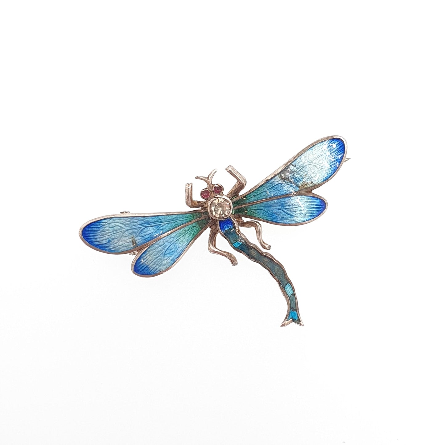 Antique Sterling Silver Dragonfly Brooch Enamel & Diamond Paste Edwardian Insect Fly Vintage Womens Red Jewelry Bug Jewellery
