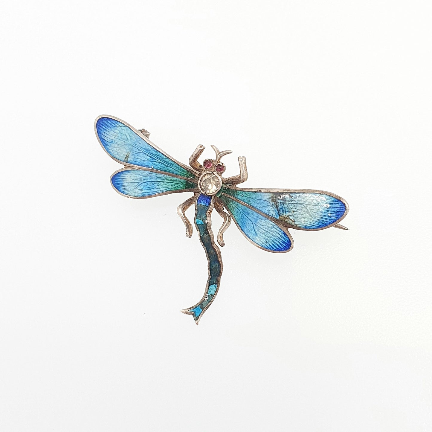 Antique Sterling Silver Dragonfly Brooch Enamel & Diamond Paste Edwardian Insect Fly Vintage Womens Red Jewelry Bug Jewellery