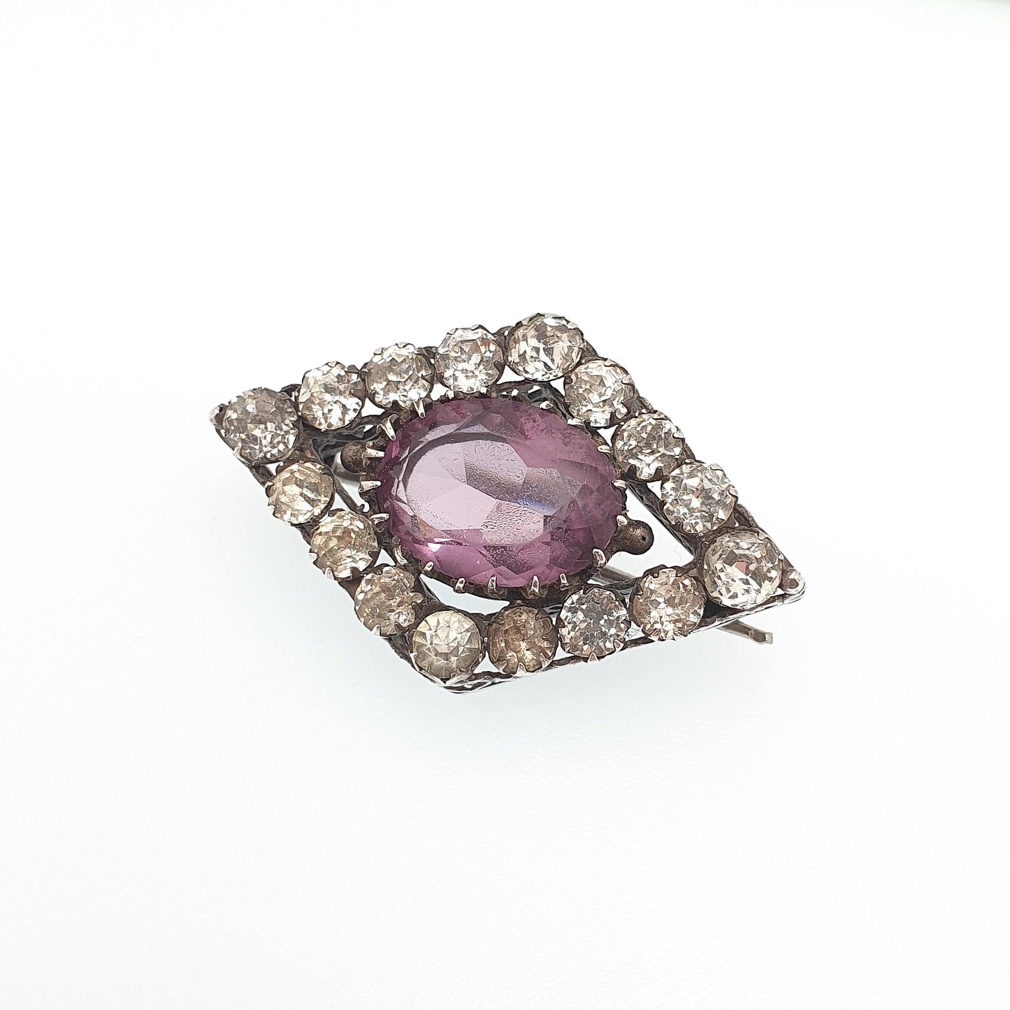 Antique Solid Silver Amethyst Paste Brooch Victorian Diamond Pastes Kite Shape Heart Border 1800s Vintage Jewelry Jewellery