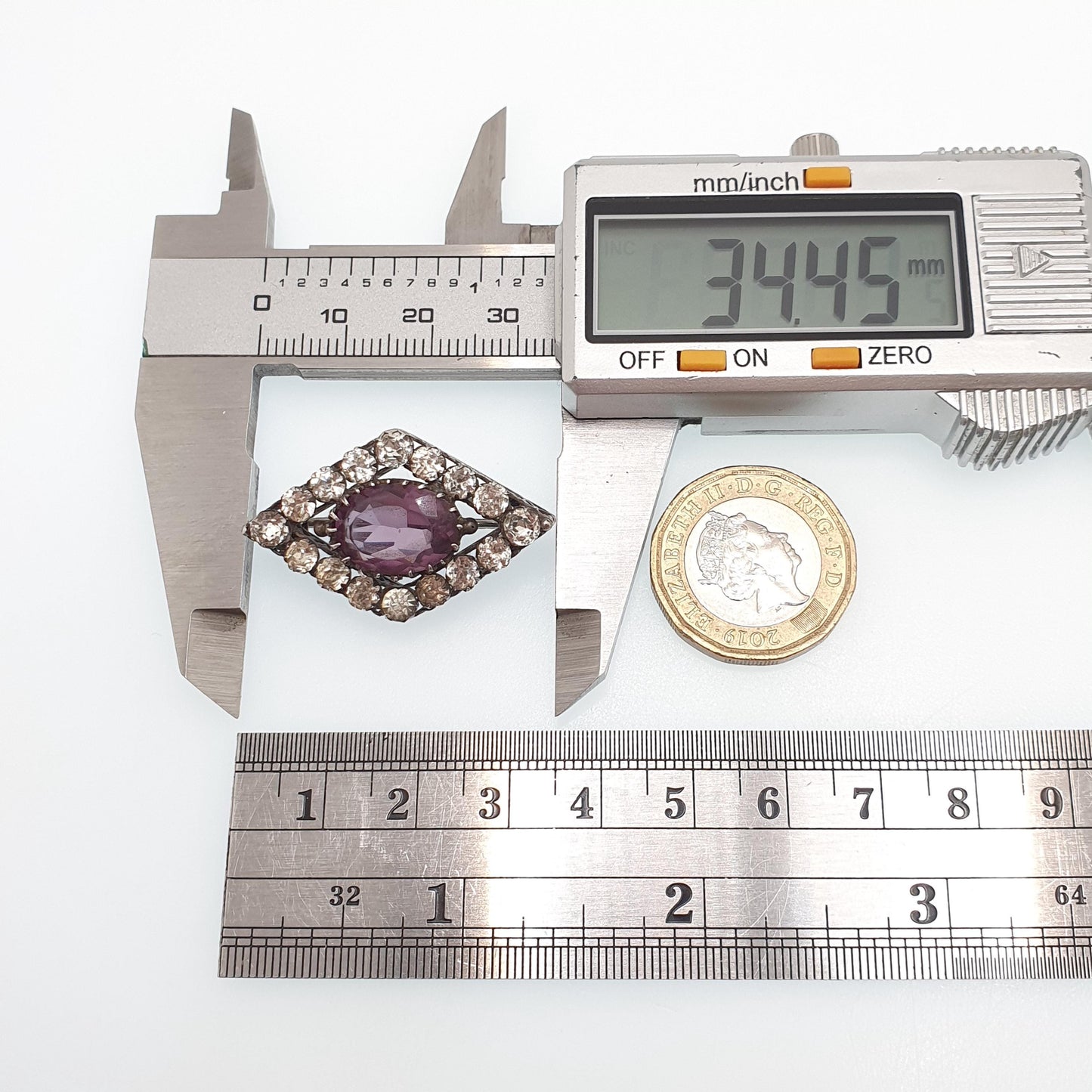 Antique Solid Silver Amethyst Paste Brooch Victorian Diamond Pastes Kite Shape Heart Border 1800s Vintage Jewelry Jewellery
