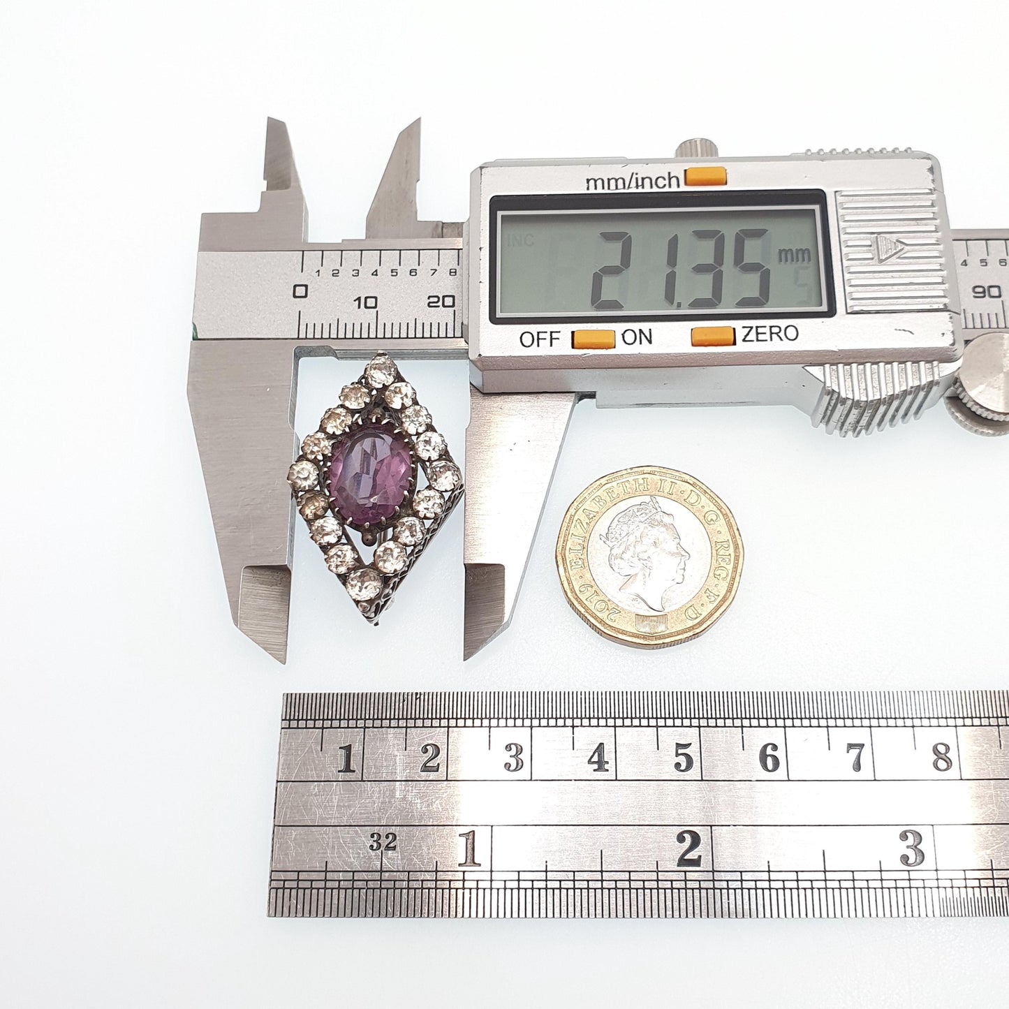 Antique Solid Silver Amethyst Paste Brooch Victorian Diamond Pastes Kite Shape Heart Border 1800s Vintage Jewelry Jewellery