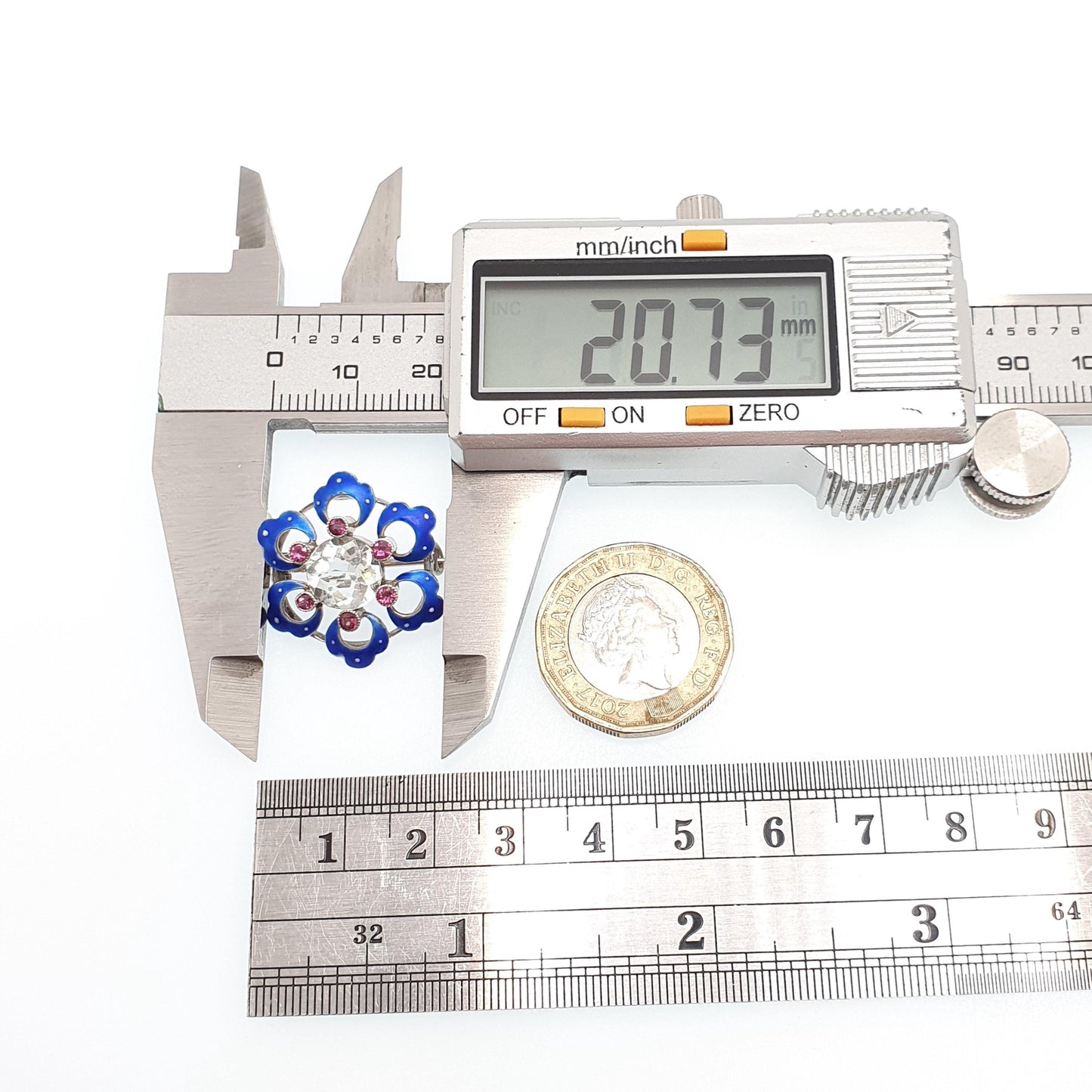 Antique Sterling Silver White Spinel Brooch Amethyst & Blue Enamel Victorian Flower Genuine Natural Gemstone Vintage
