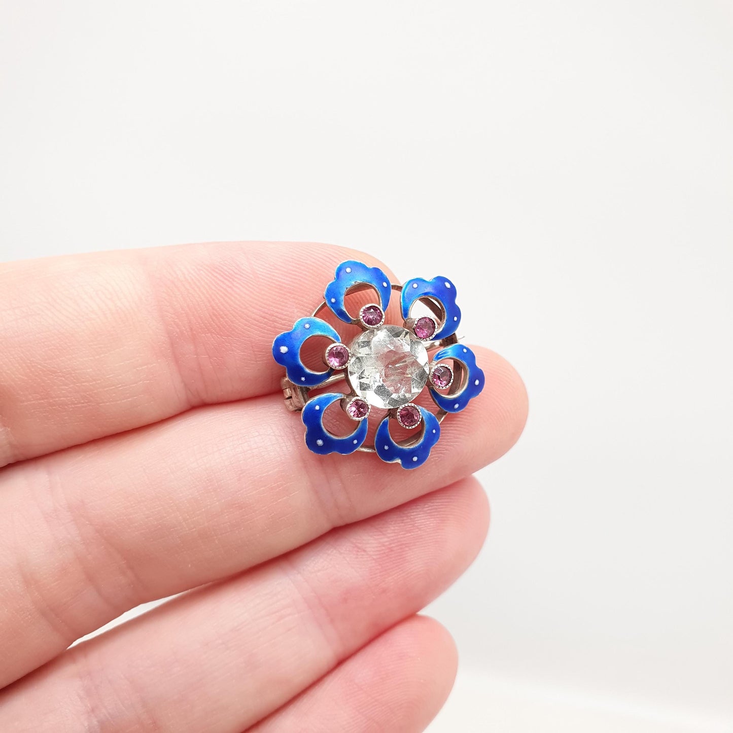 Antique Sterling Silver White Spinel Brooch Amethyst & Blue Enamel Victorian Flower Genuine Natural Gemstone Vintage