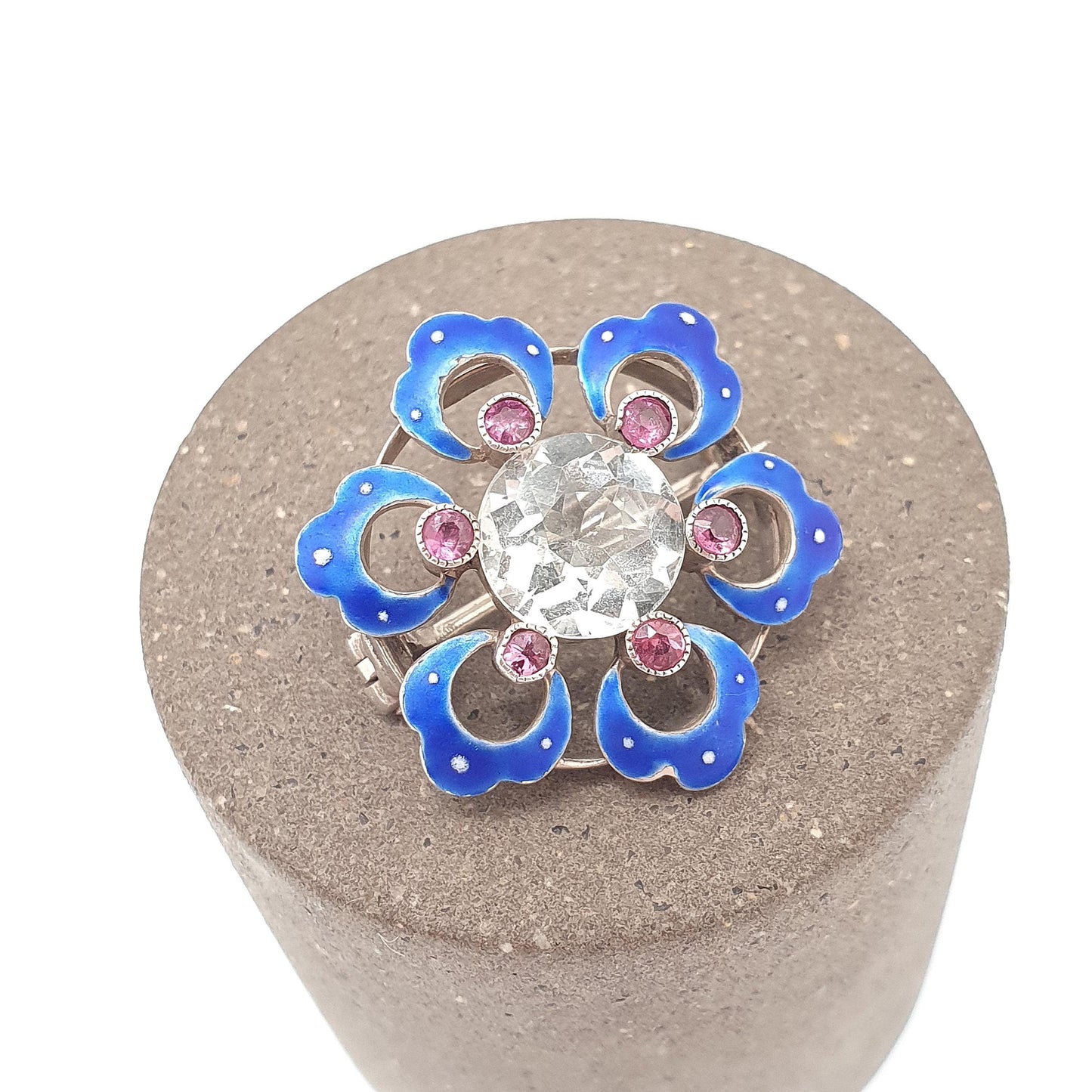 Antique Sterling Silver White Spinel Brooch Amethyst & Blue Enamel Victorian Flower Genuine Natural Gemstone Vintage