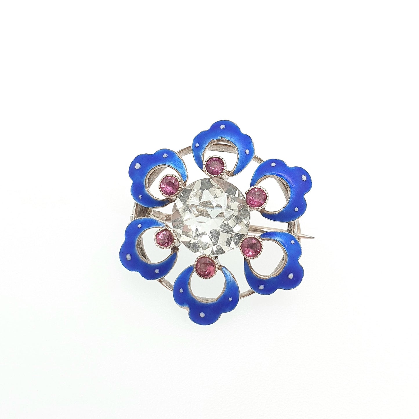 Antique Sterling Silver White Spinel Brooch Amethyst & Blue Enamel Victorian Flower Genuine Natural Gemstone Vintage