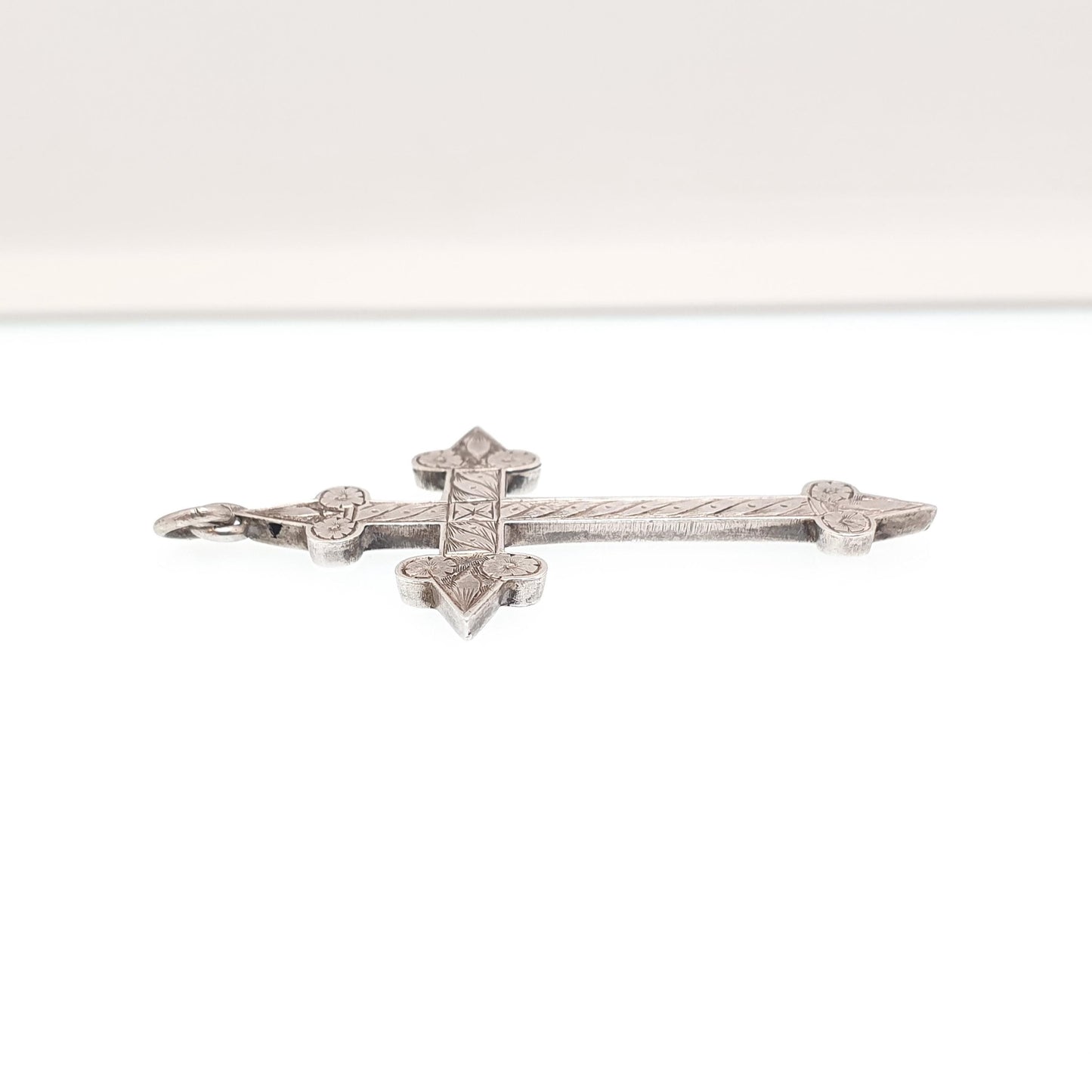 Antique Sterling Silver Crucifix Necklace Pendant 1898 Hallmark Pointed Engraved Cross Catholic Christian Vintage