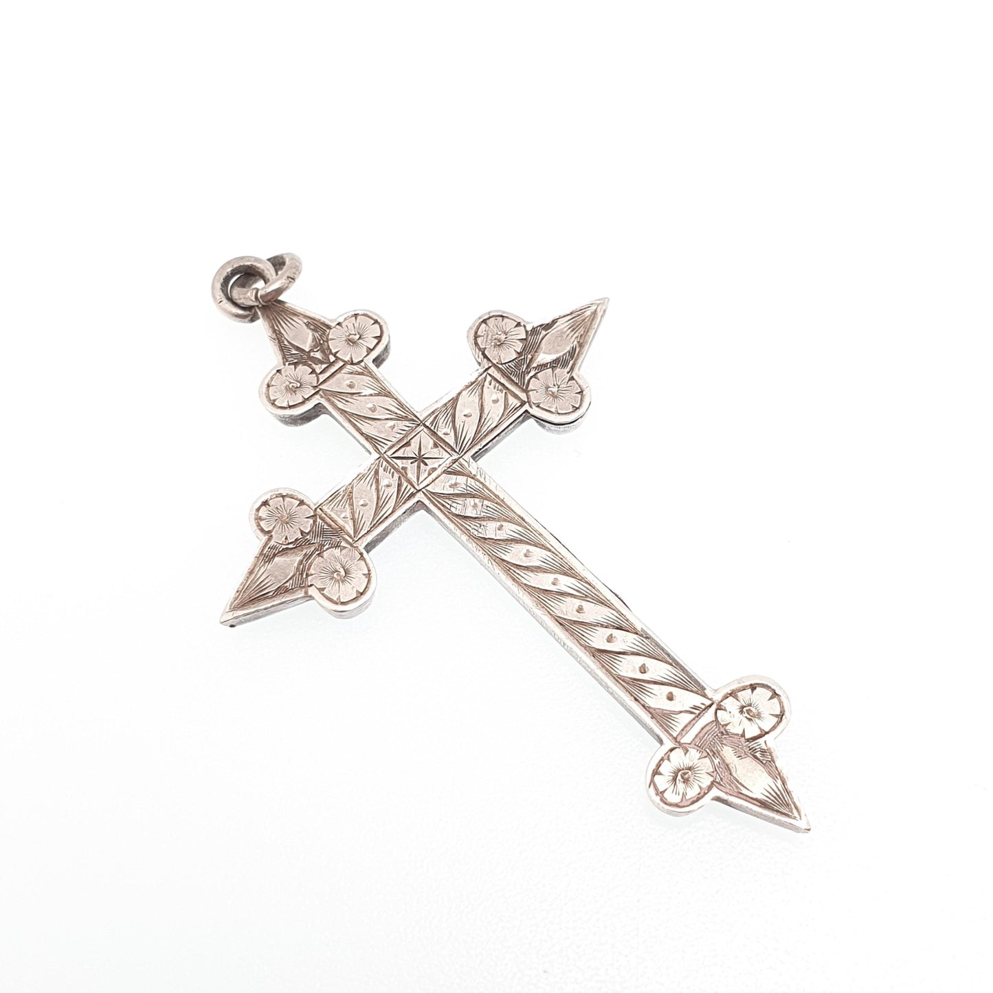 Antique Sterling Silver Crucifix Necklace Pendant 1898 Hallmark Pointed Engraved Cross Catholic Christian Vintage