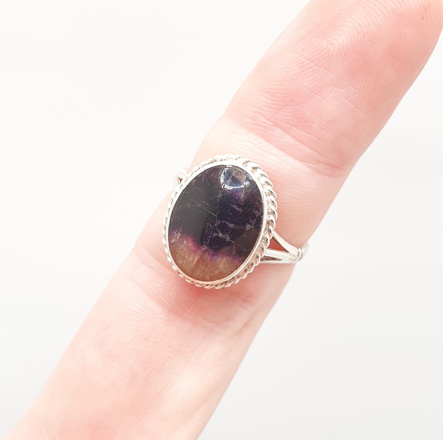 Vintage Blue John Sterling Silver Ring Signet Cabochon Oval 1967 Hallmark Fluorite Bleu Jaune Rare Gemstone Jewelry Jewellery