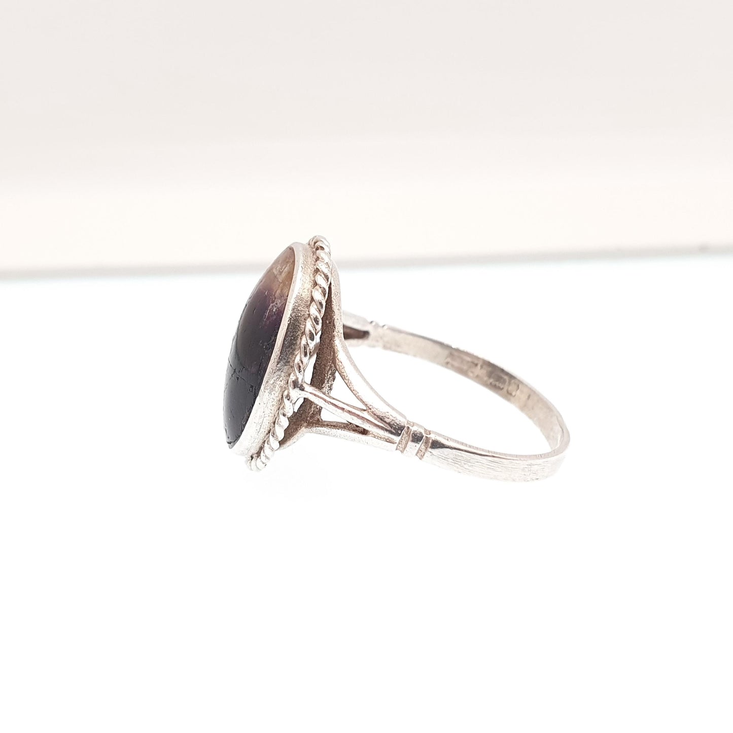 Vintage Blue John Sterling Silver Ring Signet Cabochon Oval 1967 Hallmark Fluorite Bleu Jaune Rare Gemstone Jewelry Jewellery