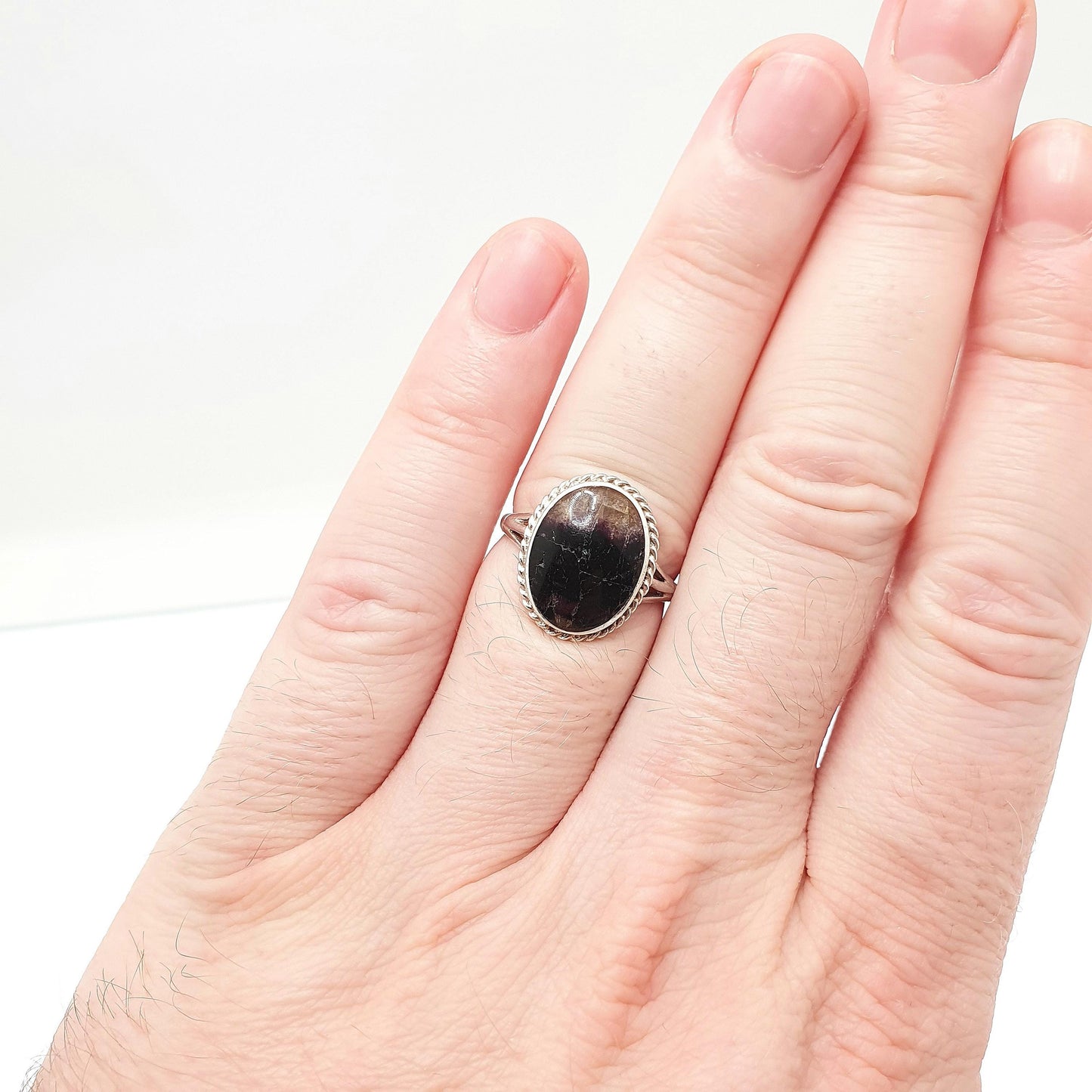 Vintage Blue John Sterling Silver Ring Signet Cabochon Oval 1967 Hallmark Fluorite Bleu Jaune Rare Gemstone Jewelry Jewellery
