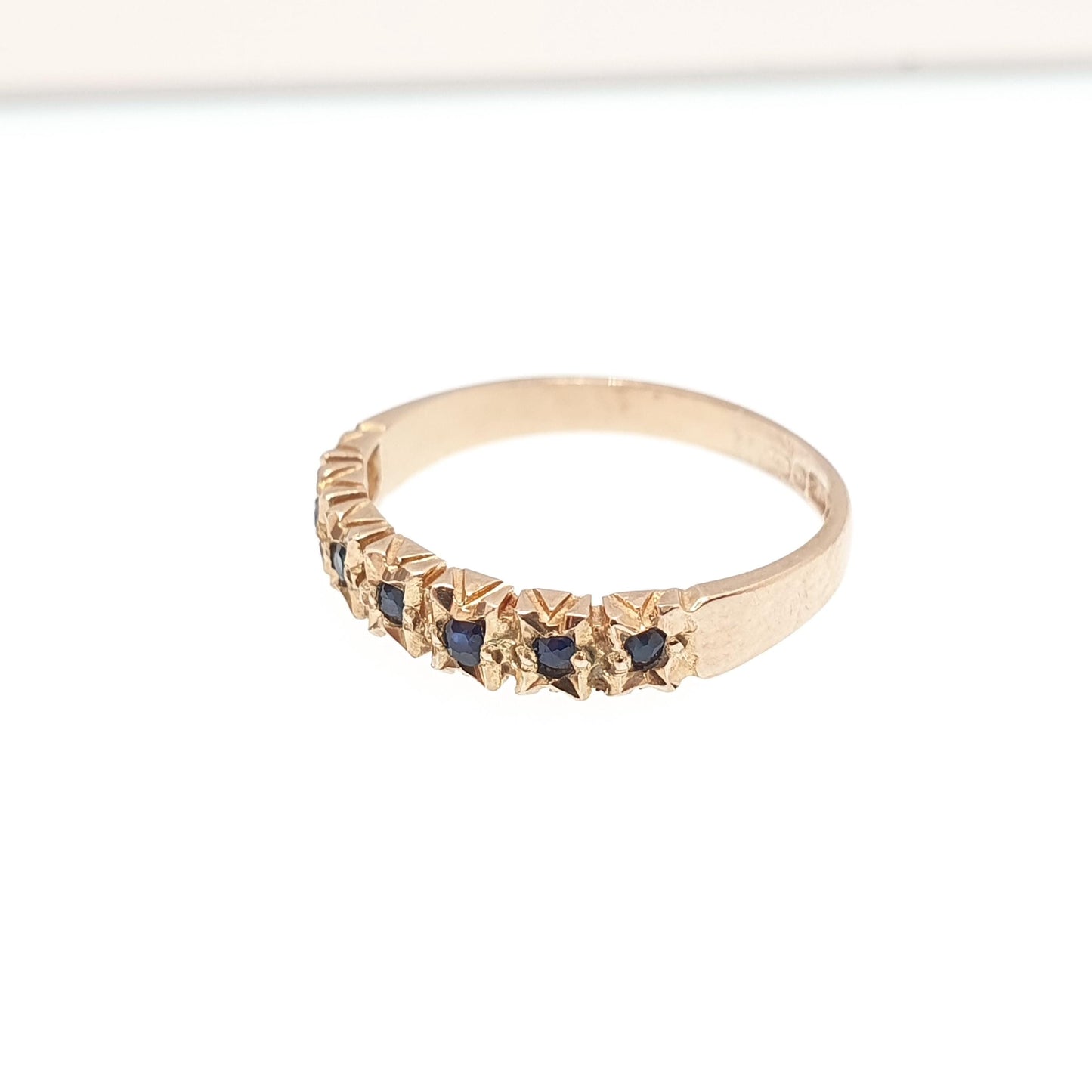 Vintage 9k Gold Sapphire Ring Half Eternity Solid 9ct 375 9kt Hallmark Blue Gemstone Womens Jewelry Jewellery