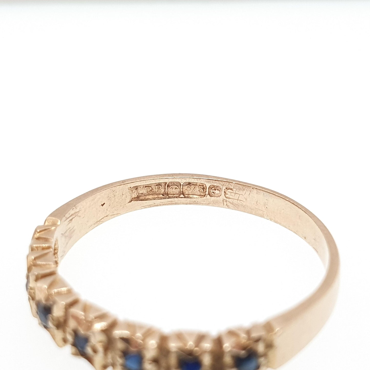 Vintage 9k Gold Sapphire Ring Half Eternity Solid 9ct 375 9kt Hallmark Blue Gemstone Womens Jewelry Jewellery