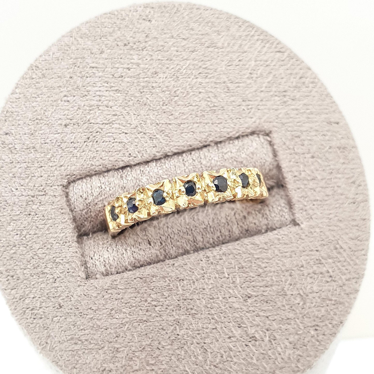 Vintage 9k Gold Sapphire Ring Half Eternity Solid 9ct 375 9kt Hallmark Blue Gemstone Womens Jewelry Jewellery