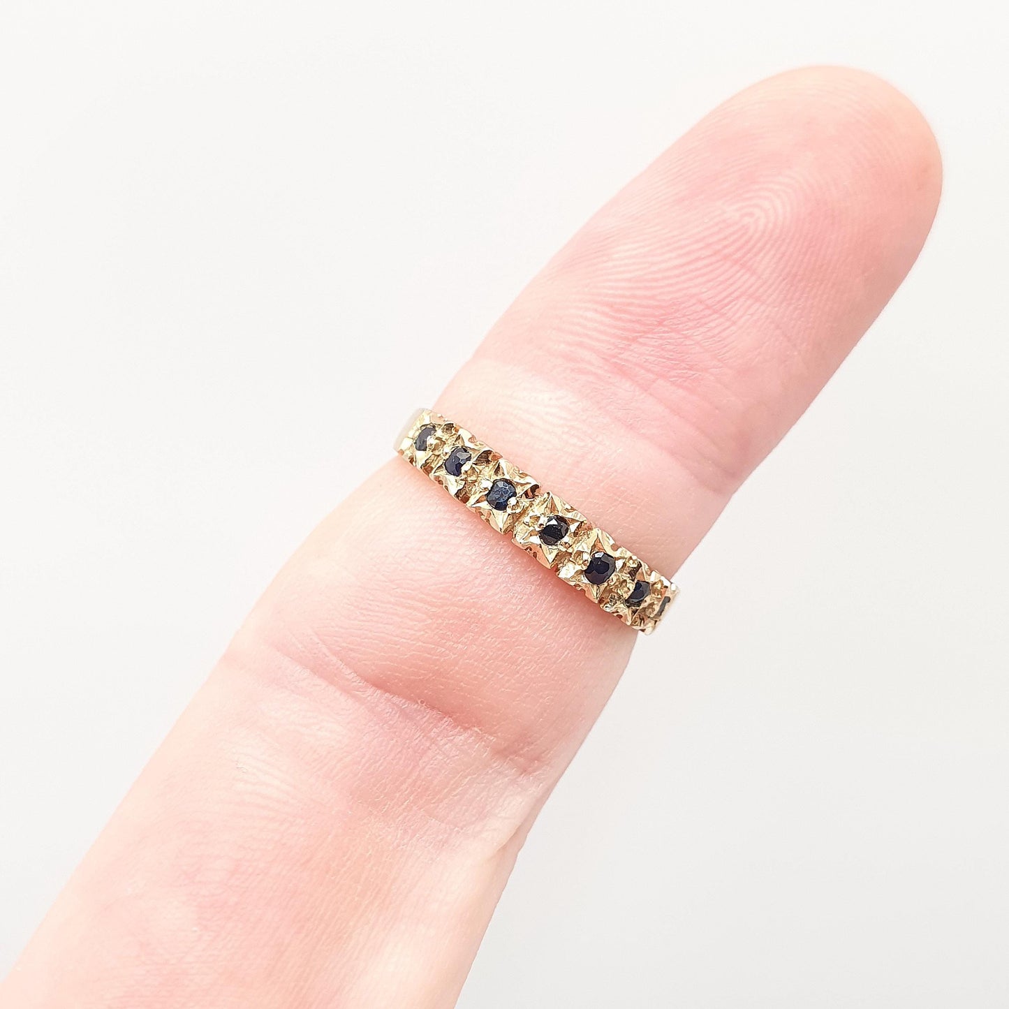 Vintage 9k Gold Sapphire Ring Half Eternity Solid 9ct 375 9kt Hallmark Blue Gemstone Womens Jewelry Jewellery