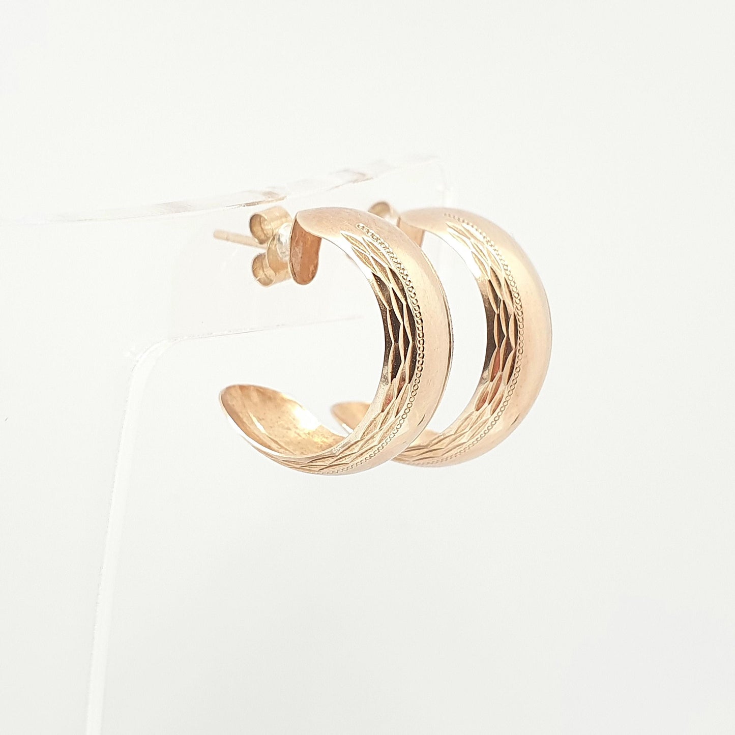 Vintage 9k 9ct Gold Hoop Earrings Stud Three Quarter Etched Solid 375 9kt Retro Womens Jewelry Jewellery