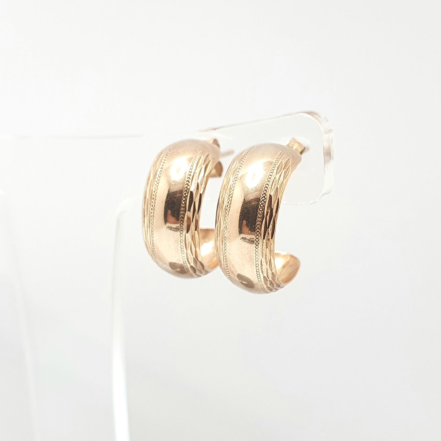 Vintage 9k 9ct Gold Hoop Earrings Stud Three Quarter Etched Solid 375 9kt Retro Womens Jewelry Jewellery