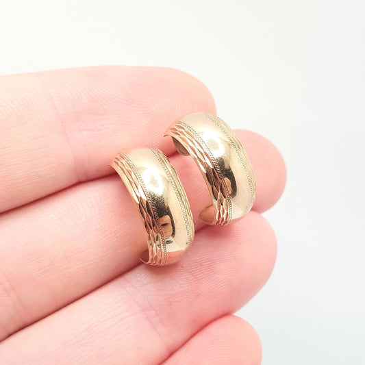 Vintage 9k 9ct Gold Hoop Earrings Stud Three Quarter Etched Solid 375 9kt Retro Womens Jewelry Jewellery