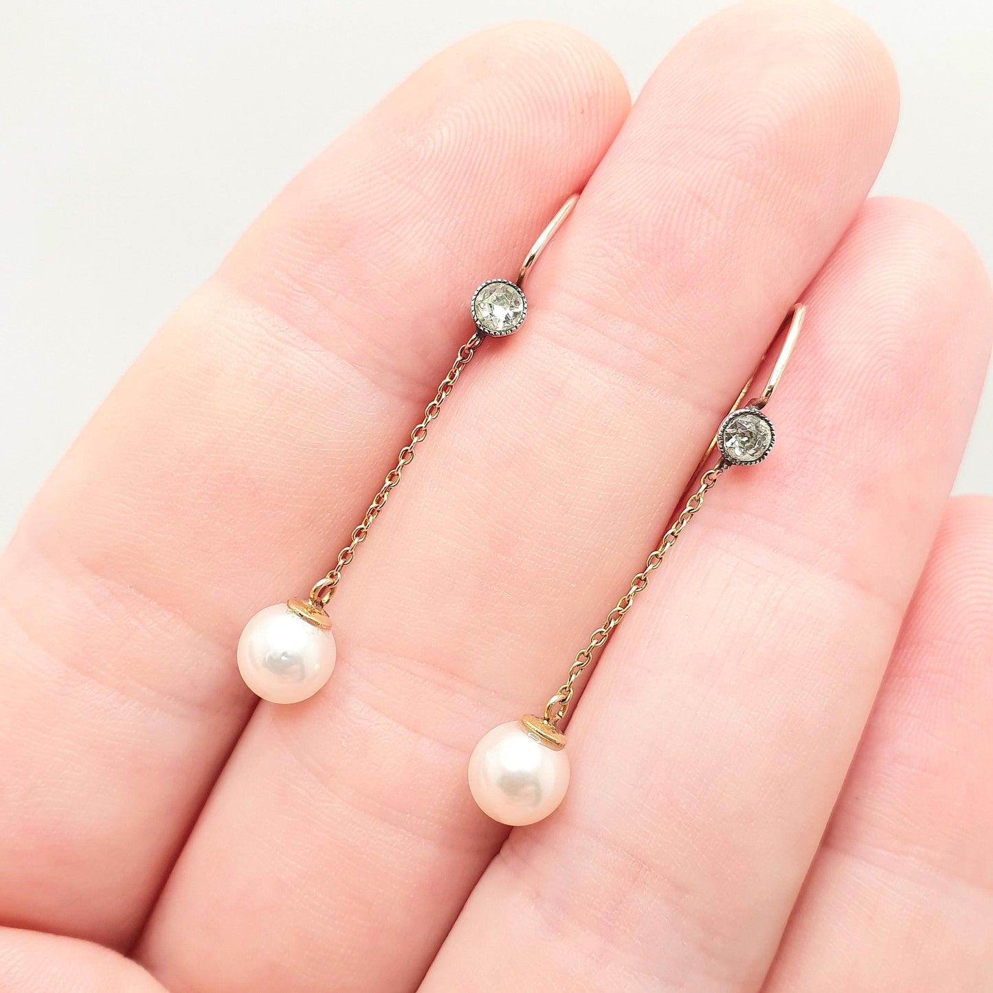 Antique 9ct Gold Pearl Earrings 9ct 375 Solid Silver Diamond Paste Hook Hanging Cultured Dangle Drop  Jewelry Jewellery