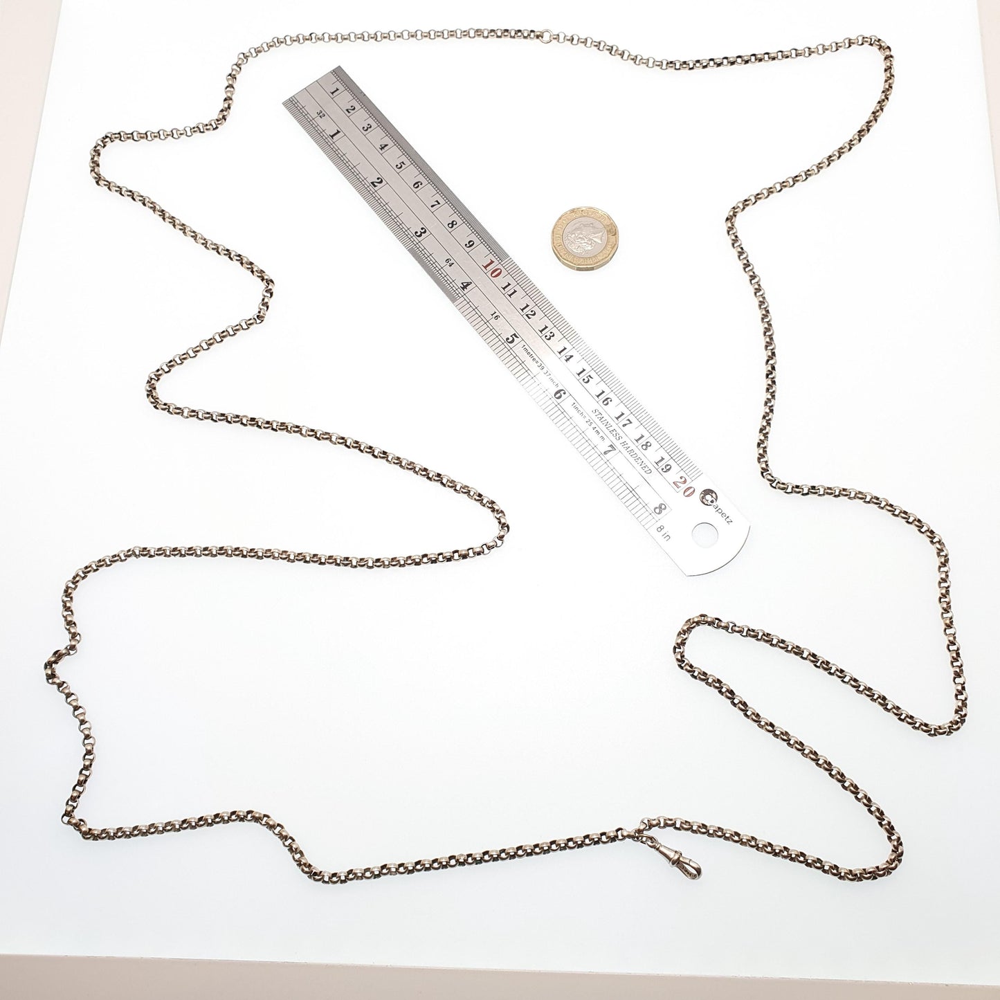 Antique Victorian Muff Chain Guard Necklace Silver Plate Belcher Rolo Link Dog Clip 41.37g 164cm 64" Very Long Vintage 1800s