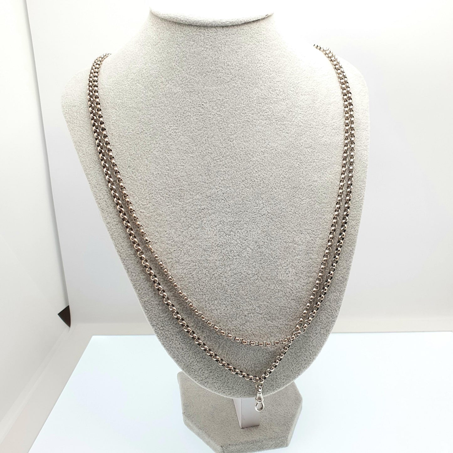 Antique Victorian Muff Chain Guard Necklace Silver Plate Belcher Rolo Link Dog Clip 41.37g 164cm 64" Very Long Vintage 1800s