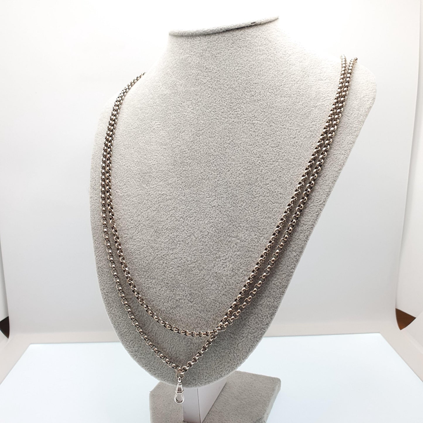 Antique Victorian Muff Chain Guard Necklace Silver Plate Belcher Rolo Link Dog Clip 41.37g 164cm 64" Very Long Vintage 1800s