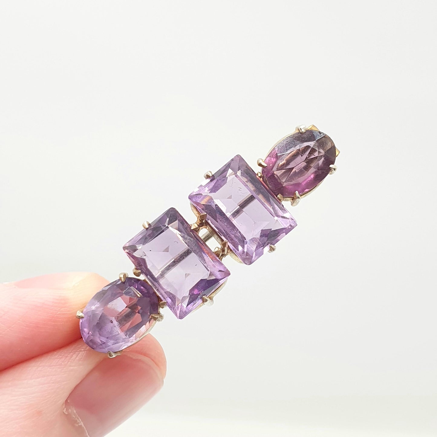 Antique Victorian Natural Amethyst Brooch Pin Rectangular Oval Cut Gold Gilt Genuine Gemstone Old Vintage 1800s Lilac Purple Womens Jewelry
