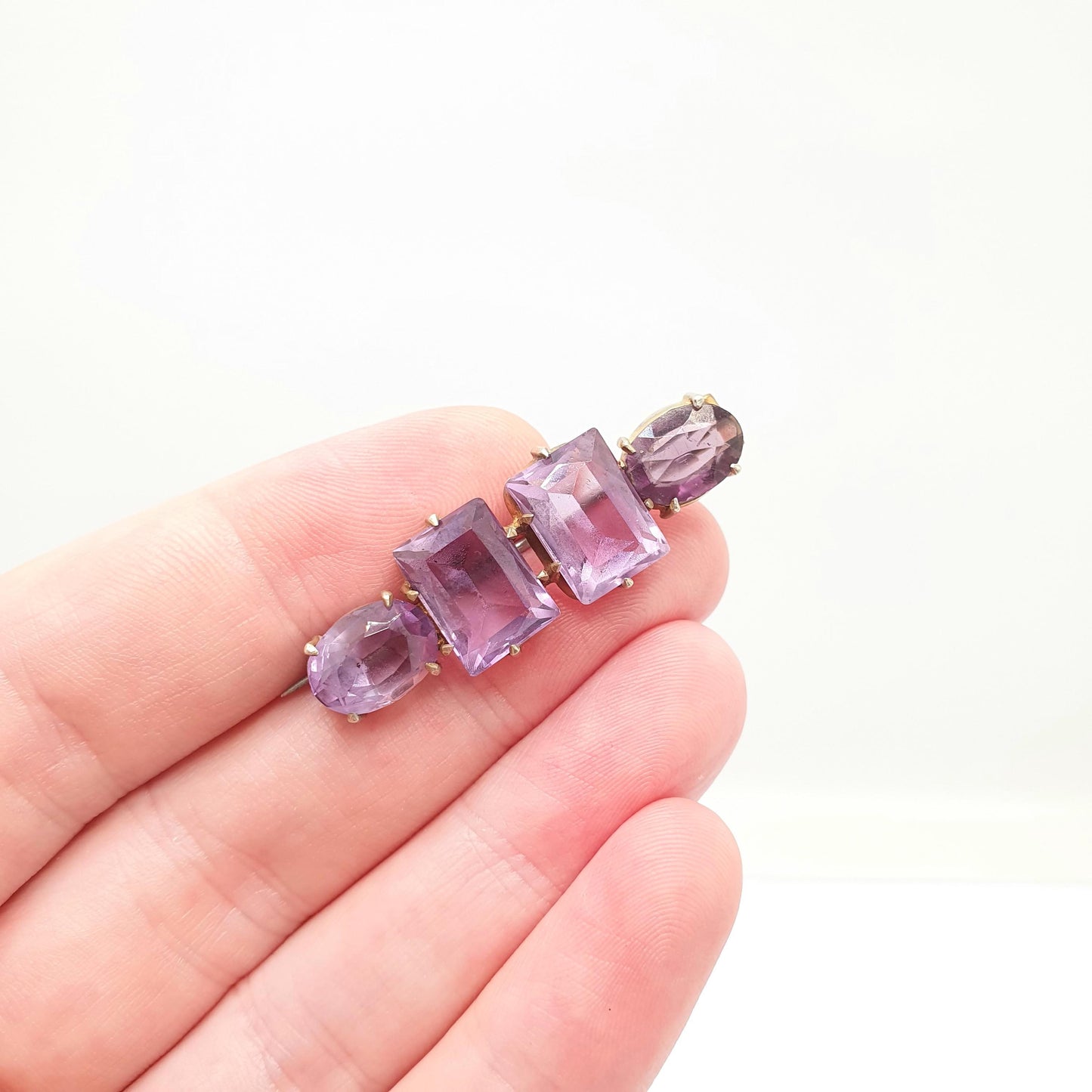 Antique Victorian Natural Amethyst Brooch Pin Rectangular Oval Cut Gold Gilt Genuine Gemstone Old Vintage 1800s Lilac Purple Womens Jewelry