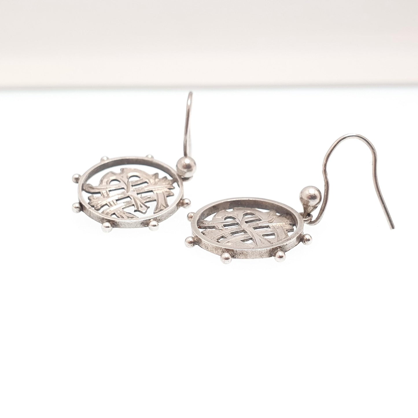 Antique Solid Silver Victorian Earrings Monogram Wheel Etruscan Hook Dangle Aesthetic Drop Vintage Jewelry Jewellery