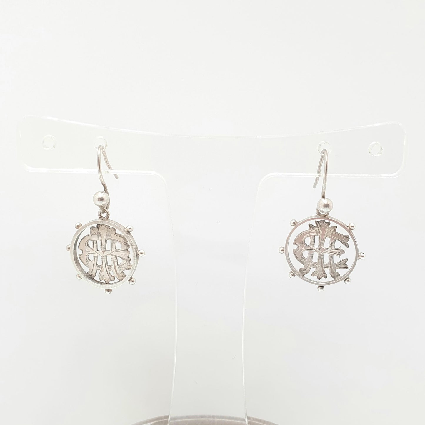 Antique Solid Silver Victorian Earrings Monogram Wheel Etruscan Hook Dangle Aesthetic Drop Vintage Jewelry Jewellery
