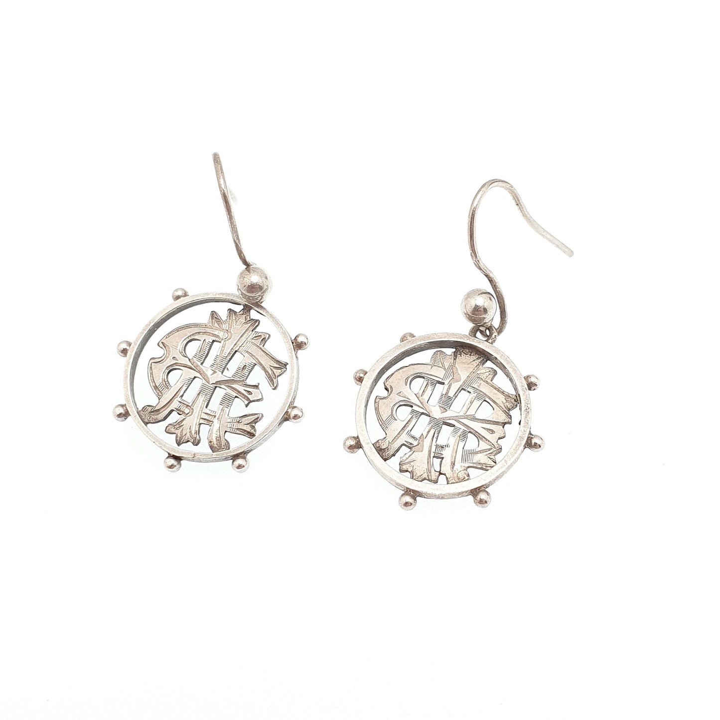 Antique Solid Silver Victorian Earrings Monogram Wheel Etruscan Hook Dangle Aesthetic Drop Vintage Jewelry Jewellery