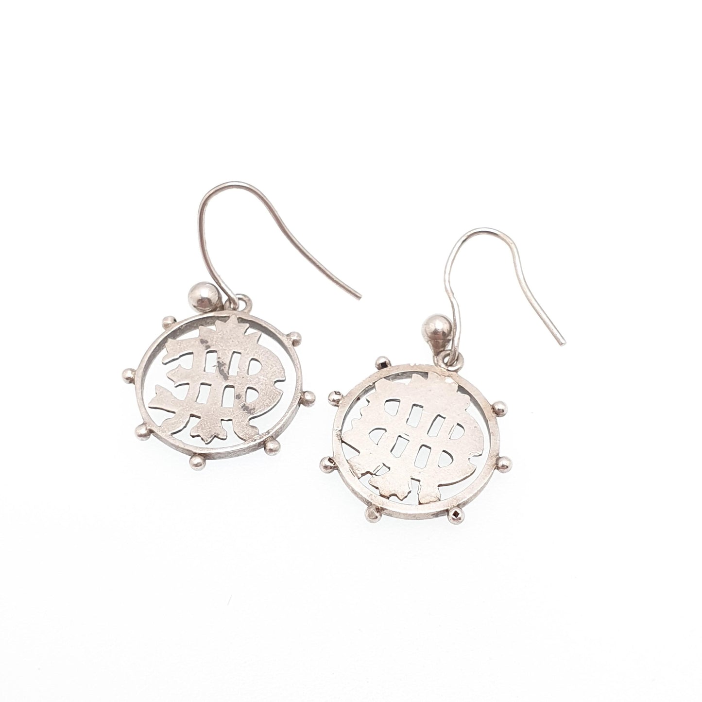 Antique Solid Silver Victorian Earrings Monogram Wheel Etruscan Hook Dangle Aesthetic Drop Vintage Jewelry Jewellery