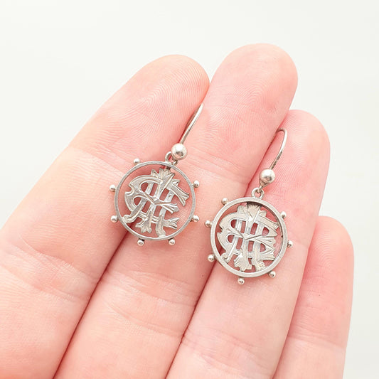 Antique Solid Silver Victorian Earrings Monogram Wheel Etruscan Hook Dangle Aesthetic Drop Vintage Jewelry Jewellery