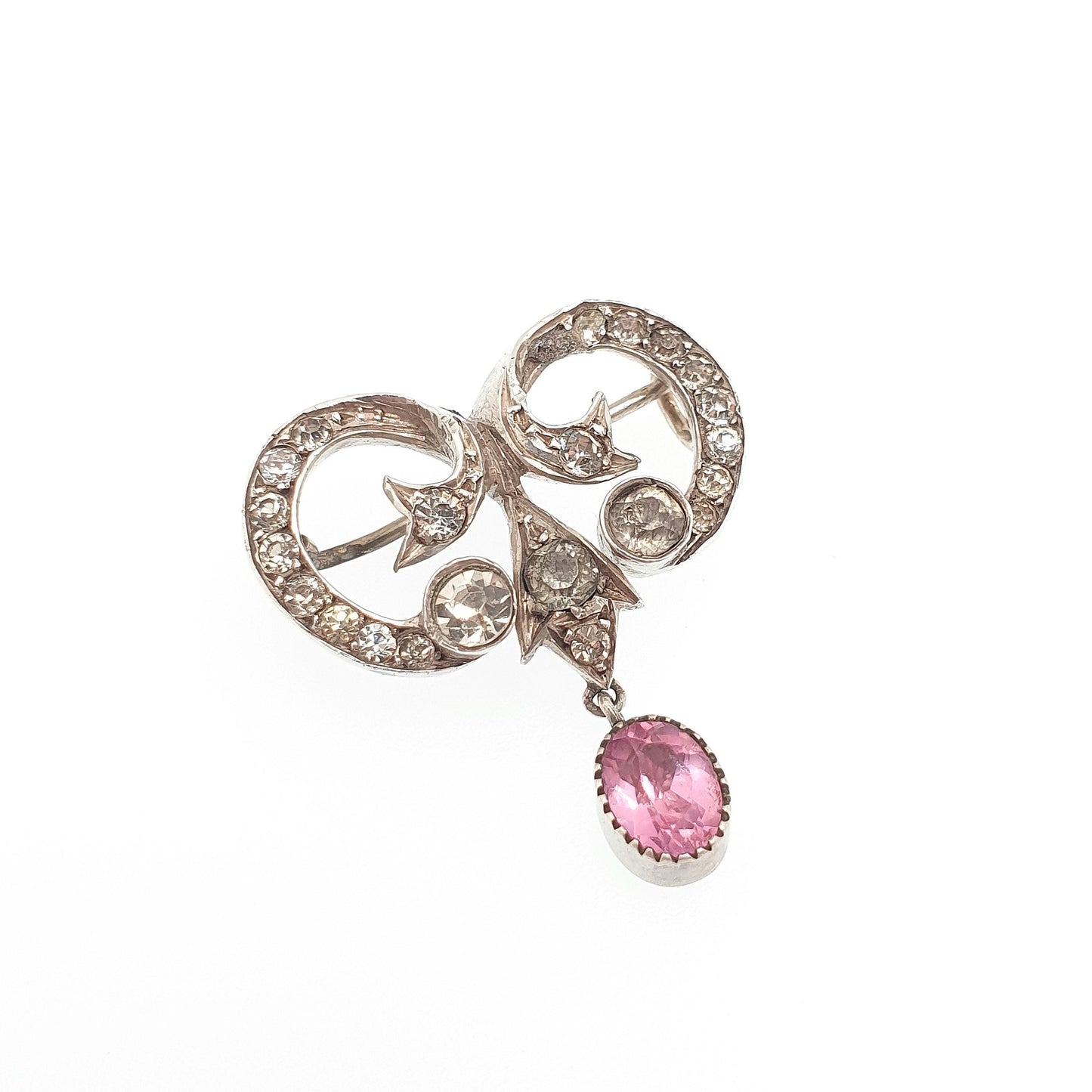 Antique Solid Silver Pink Diamond Paste Brooch Art Nouveau 1800s Victorian Sparkly Vintage Jewelry Jewellery