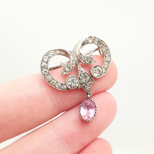 Antique Solid Silver Pink Diamond Paste Brooch Art Nouveau 1800s Victorian Sparkly Vintage Jewelry Jewellery