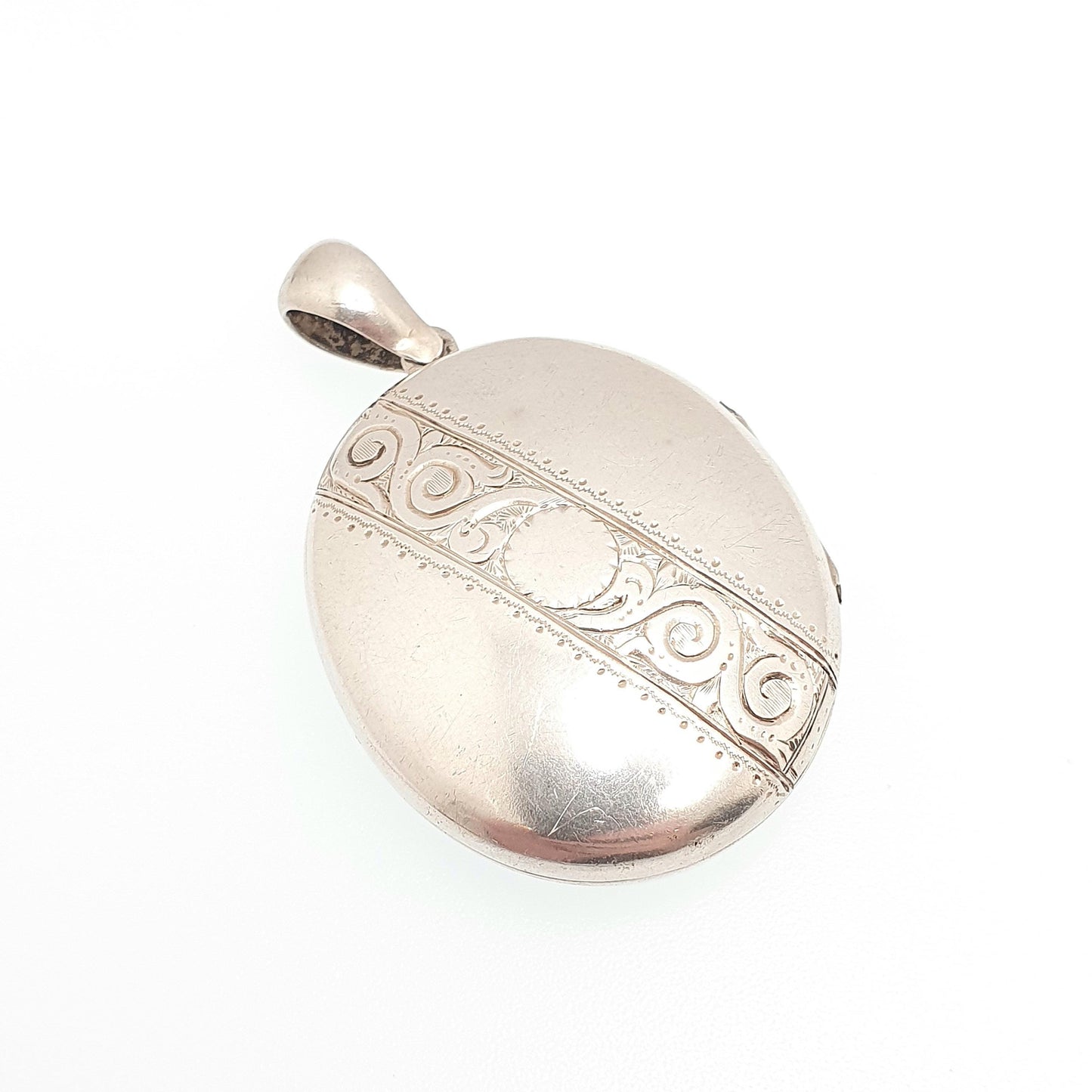Antique Victorian Solid Silver Locket Hand Engraved Band Oval Large Big Pendant Picture Photo Vintage Womens Jewelry Jewellery