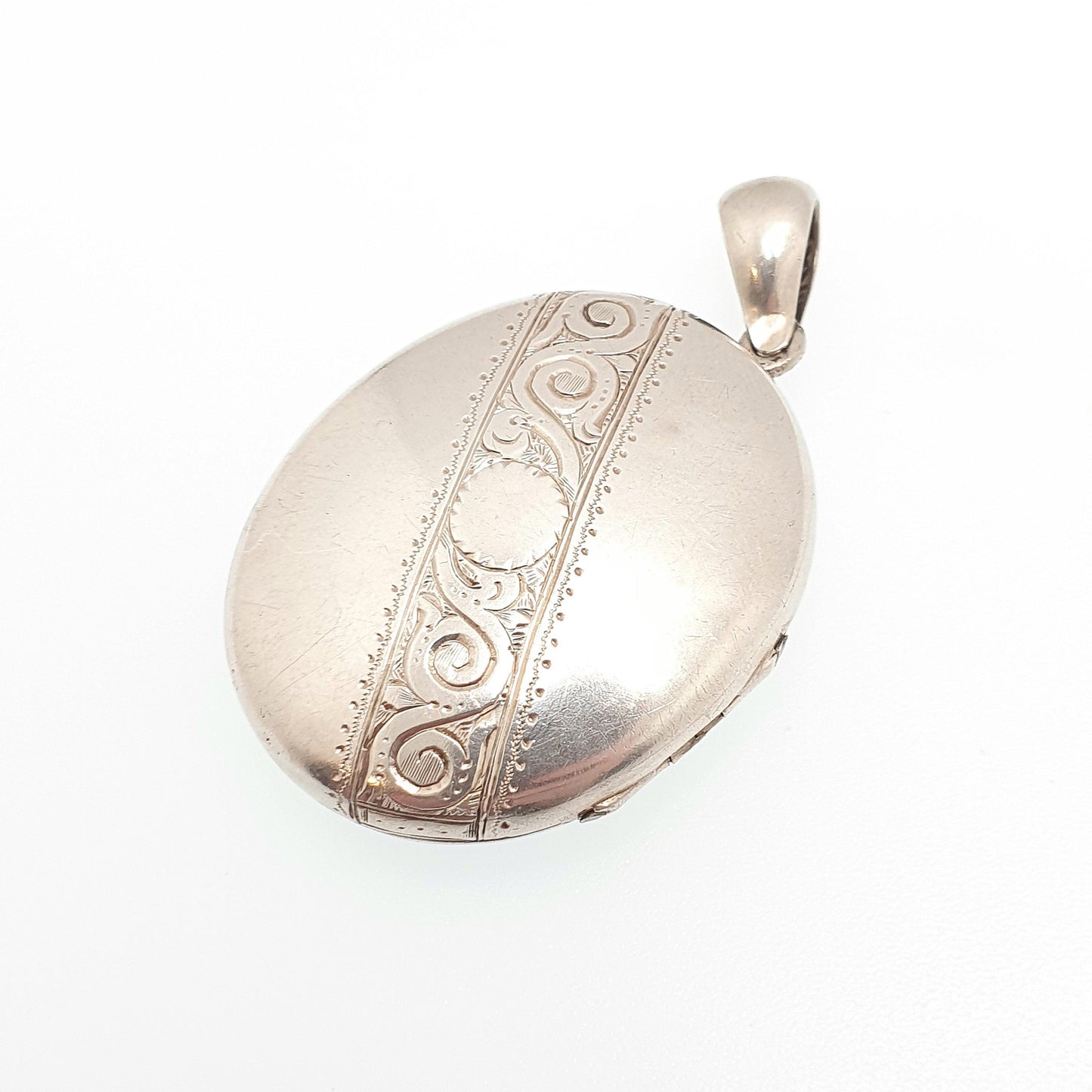 Antique Victorian Solid Silver Locket Hand Engraved Band Oval Large Big Pendant Picture Photo Vintage Womens Jewelry Jewellery