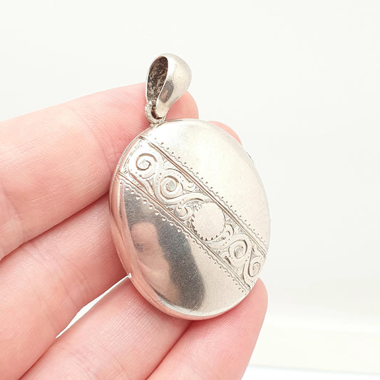 Antique Victorian Solid Silver Locket Hand Engraved Band Oval Large Big Pendant Picture Photo Vintage Womens Jewelry Jewellery